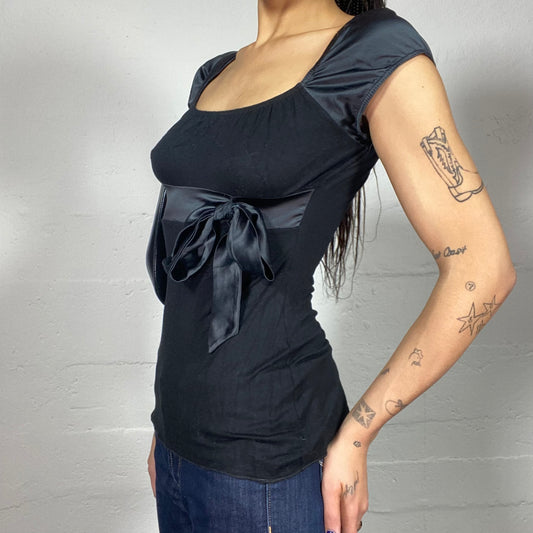 Vintage 2000's Soft Girl Black Top with Puffed Sleeves and Satin Maxi Ribbon Detail (S)
