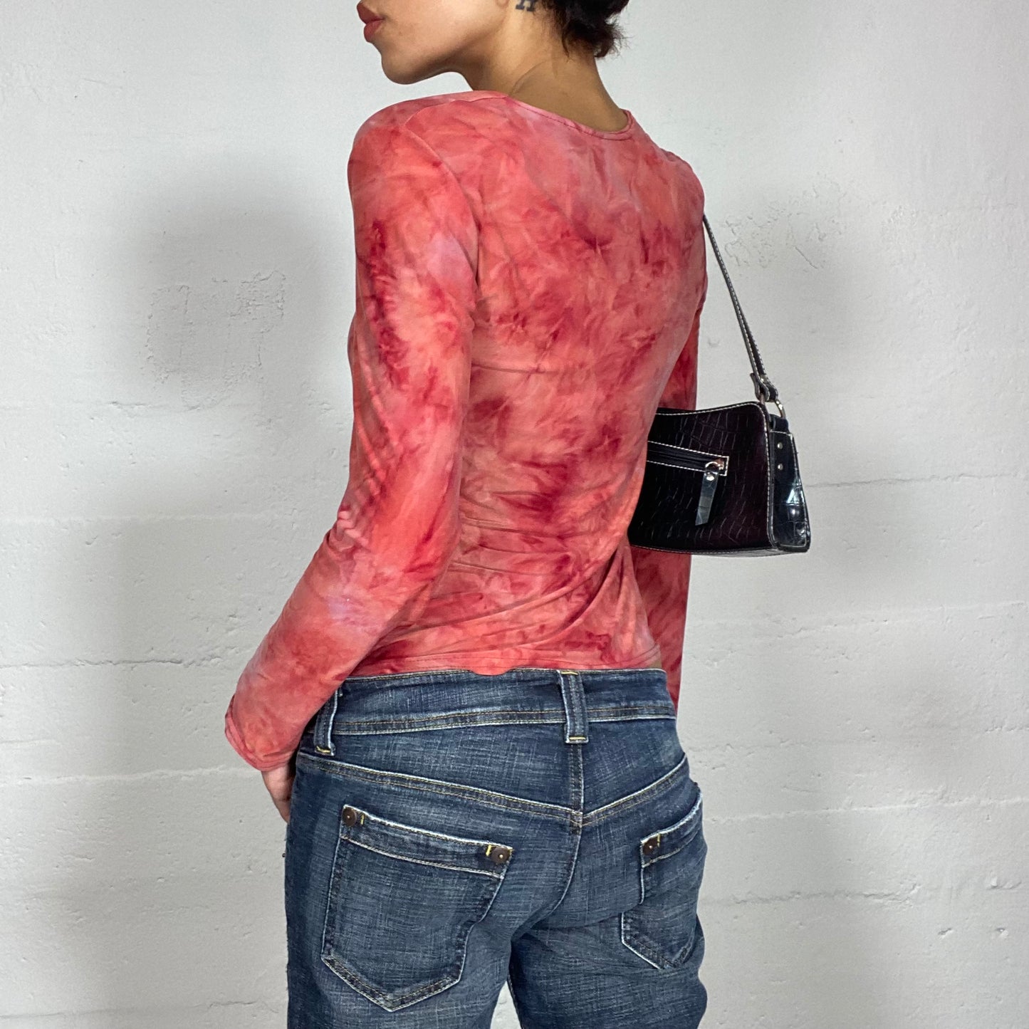 Vintage 2000's Downtown Girl Red Tie Dye Longsleeve Top with Ruched Central Seam Detail (S/M)