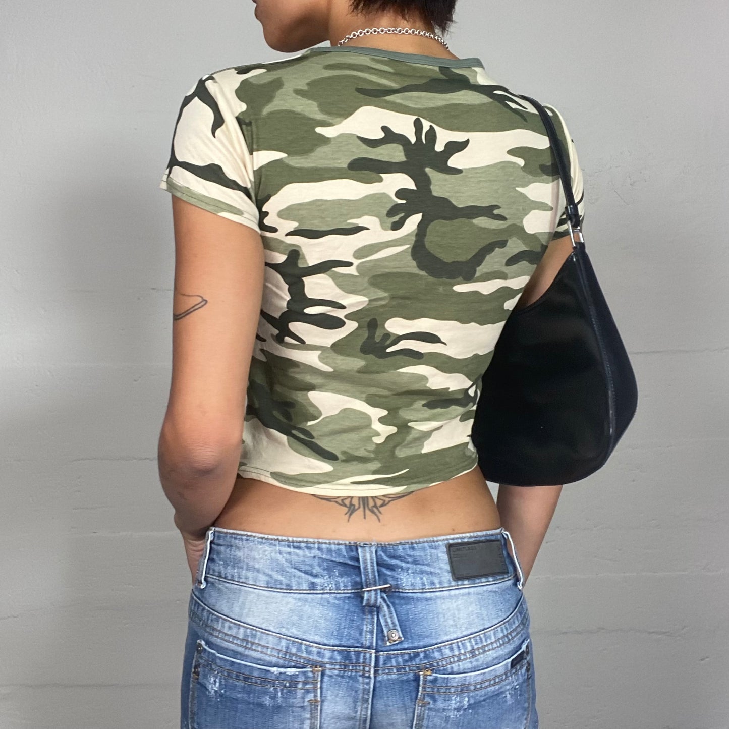 Vintage 2000's Rave Khaki Camo Top with Golden Eagle Print (S)