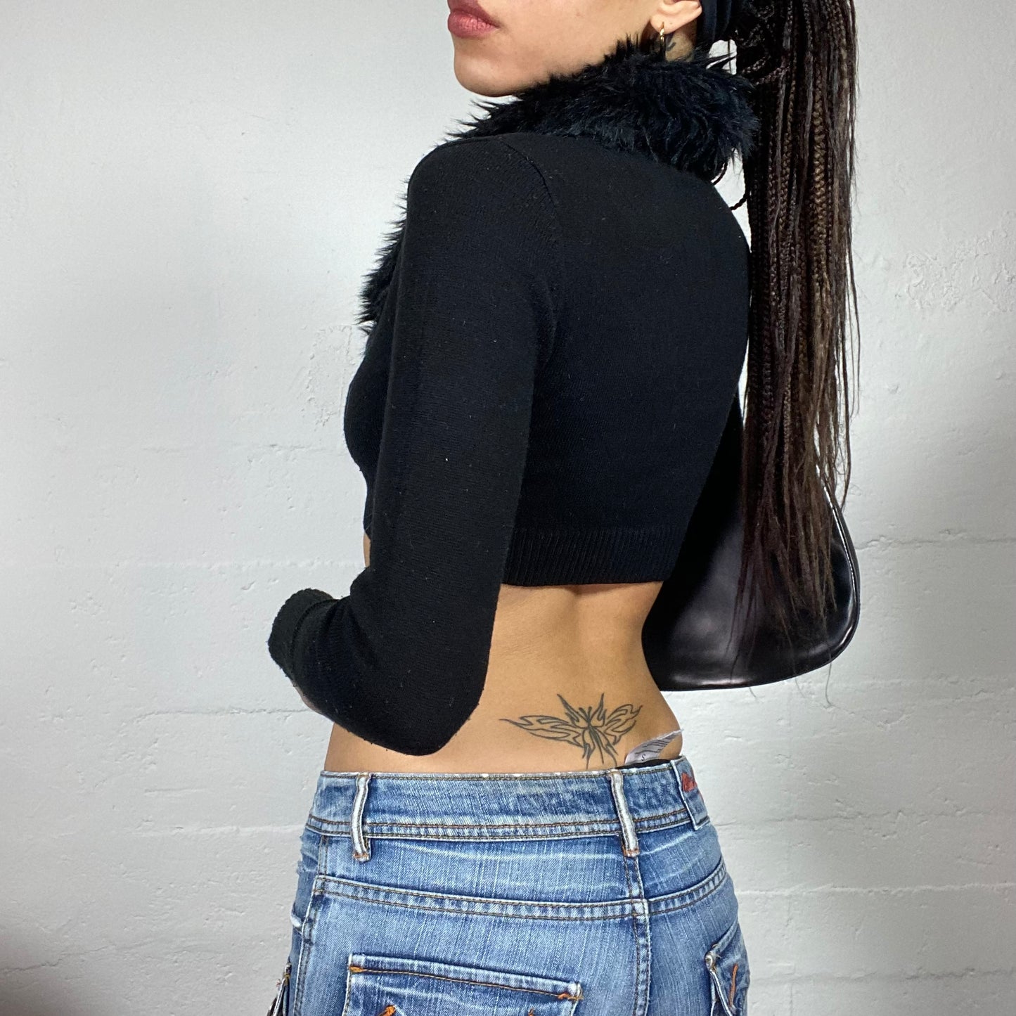 Vintage 2000's English It Girl Black Knit Cropped Cardigan with Furry Neckline Detail (S)