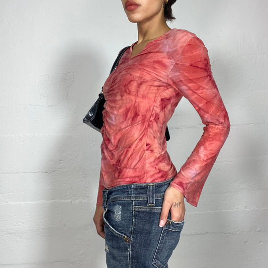 Vintage 2000's Downtown Girl Red Tie Dye Longsleeve Top with Ruched Central Seam Detail (S/M)