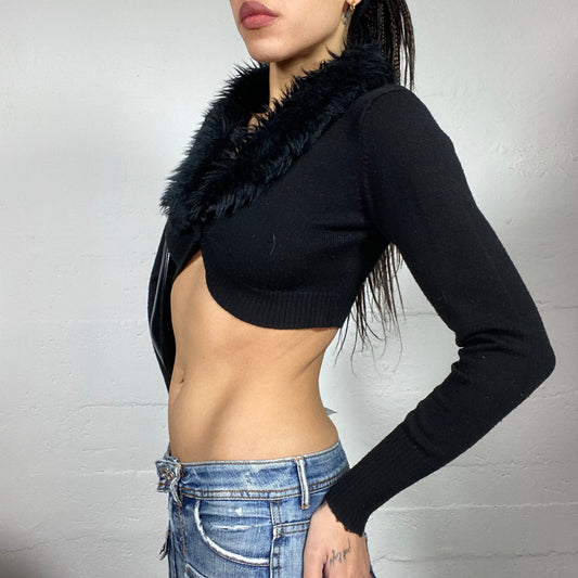 Vintage 2000's English It Girl Black Knit Cropped Cardigan with Furry Neckline Detail (S)