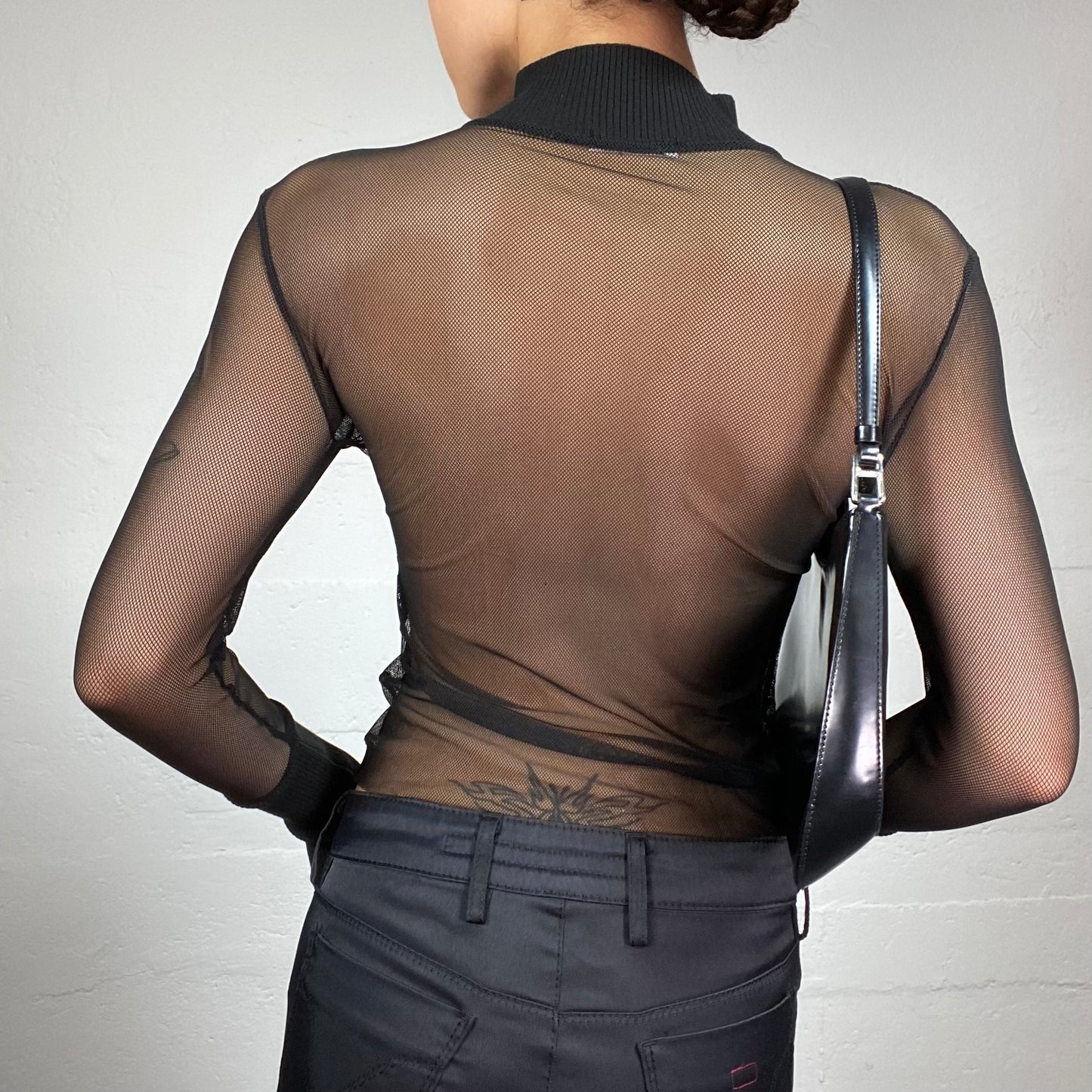 Vintage 2000's Rave Black Mesh Fishnet Zip Up Top with Pockets Covering Part Detail (S/M)