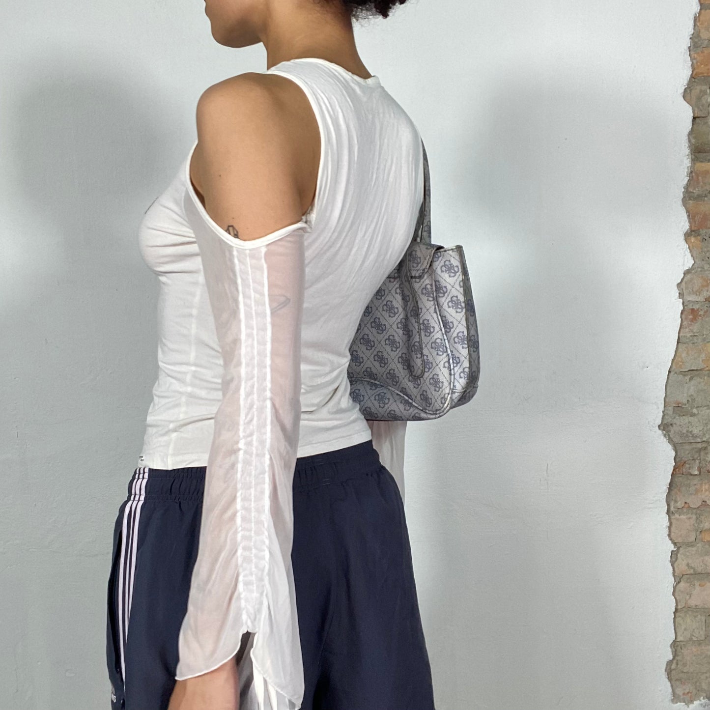 Vintage 2000's Morgan de Toi White Shoulder Free Top with Flowy Mesh Sleeves (S)