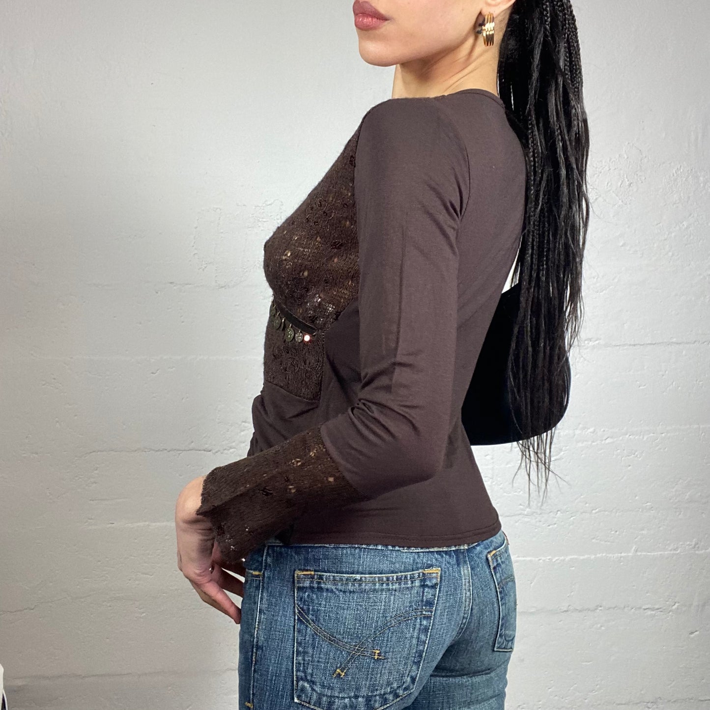 Vintage 2000's Boho Girl Brown Longsleeve Shirt Top with Crocheted Chest Detail (M)