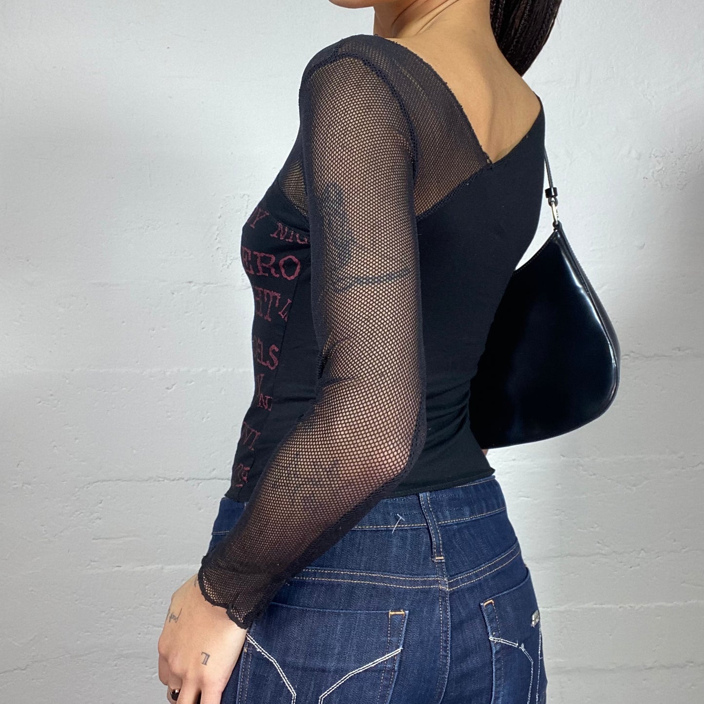 Vintage 2000's Rave Black One Shoulder Top with Red Monogram Print and Fishnet Longsleeve Detail (S)