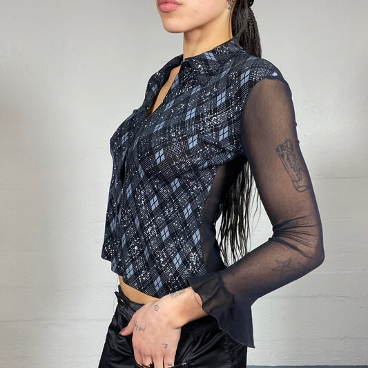 Vintage 2000's English It Girl Black Button Up Shirt Top with Checkered Print Detail (XS)