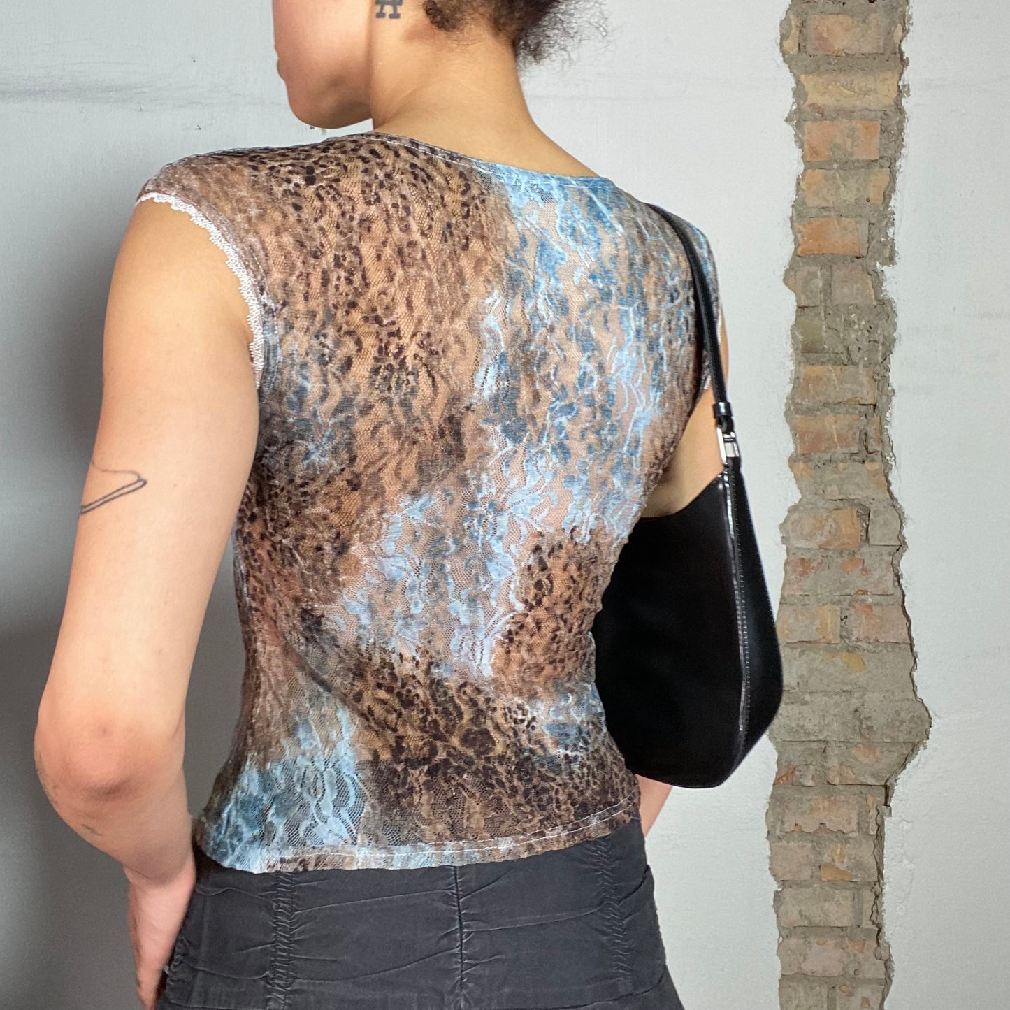 Vintage 90's Sleaze Light Blue and Brown Leo Print Batik Lace Shirt (S)