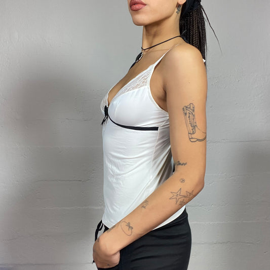 Vintage 2000's Coquette Girl White Top with Black Ribbon and Lace Detail (S)