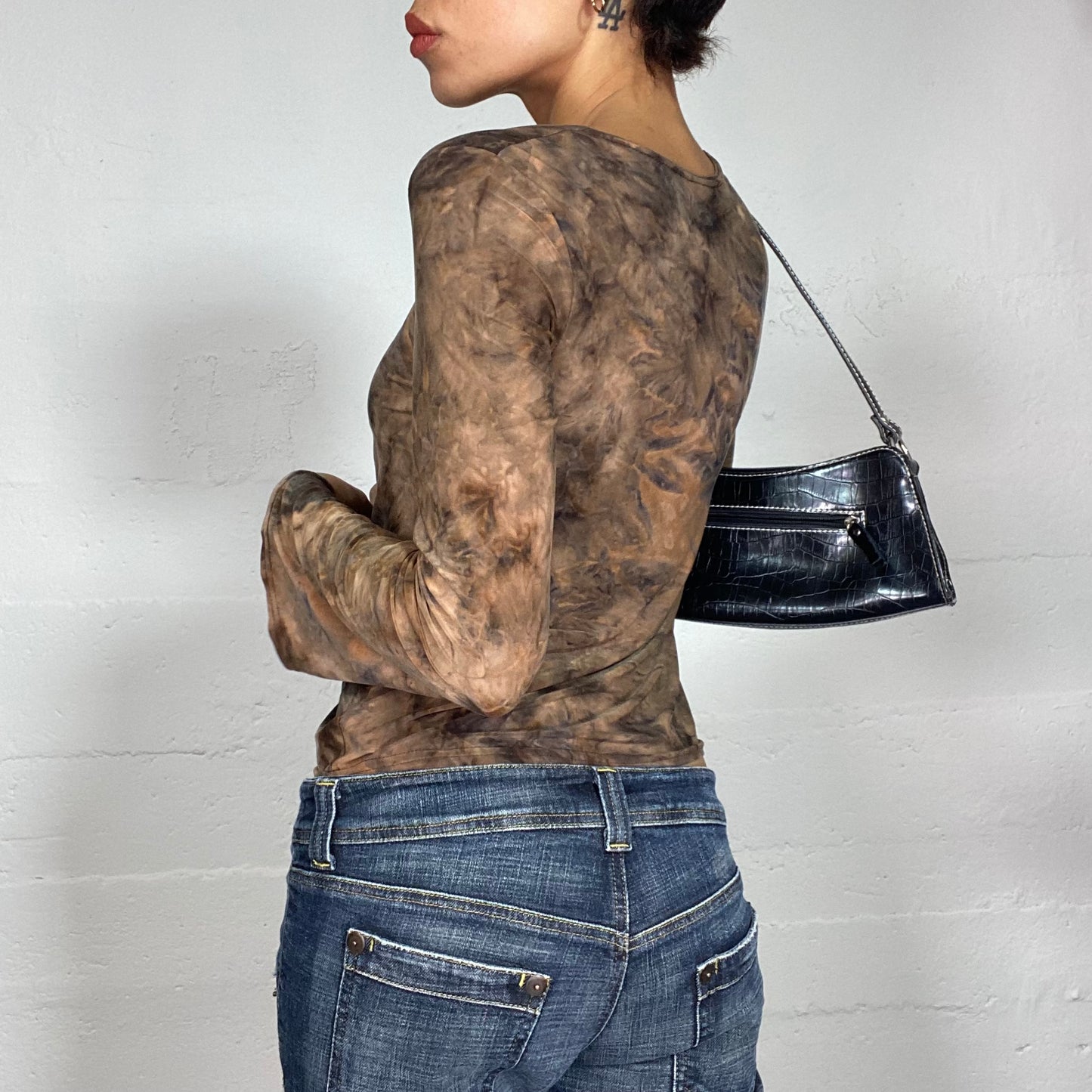 Vintage 2000's Fairy Brown Tie Dye Longsleeve Top with Ruched Central Seam Detail (S/M)