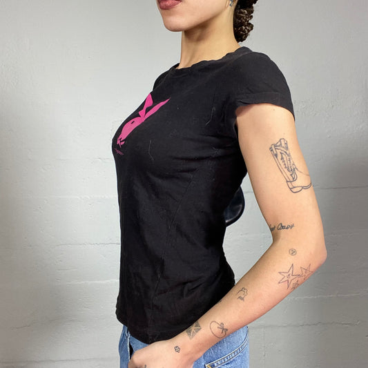 Vintage 2000's Playboy Black Top with Pink Brand Print Detail (S)
