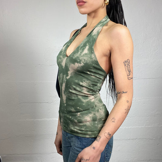 Vintage 2000's Boho Girl Beige and Green Neckholder Top with Tie Dye Print (S/M)