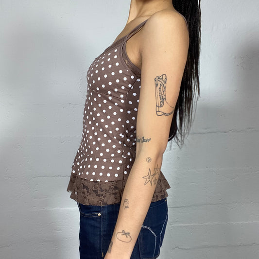 Vintage 2000's Soft Girl Brown Top with White Polkadots Print and Lace Detail (S)