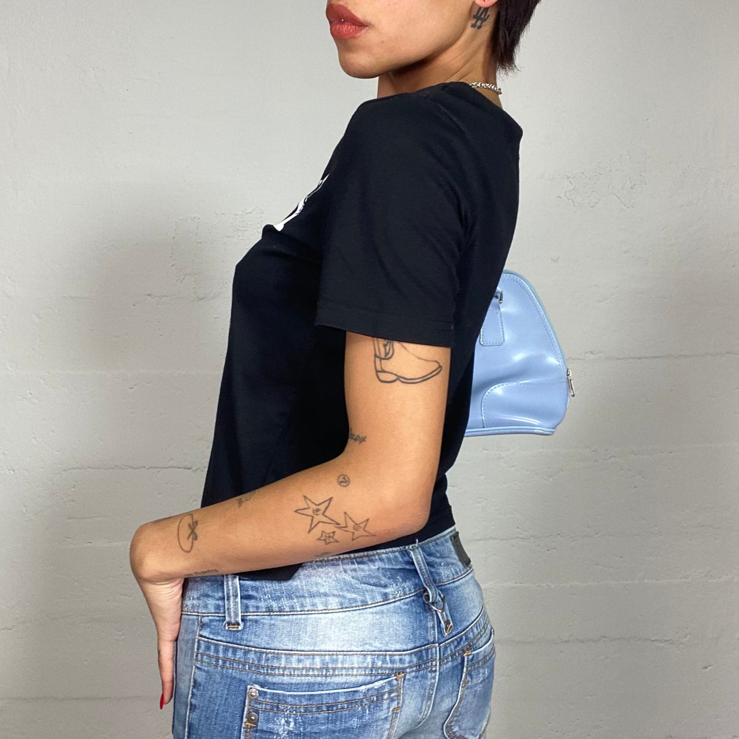 Vintage 2000's Rave Black Top with White Army Print (S/M)