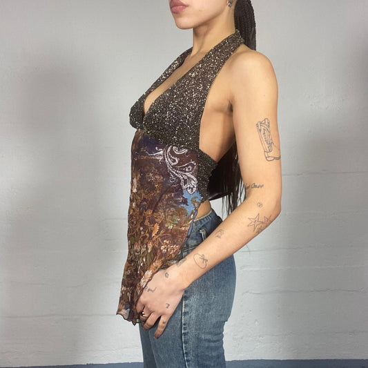 Vintage 2000's Desperate Housewive Brown Open Back Top with Mesh Floral Material (S)