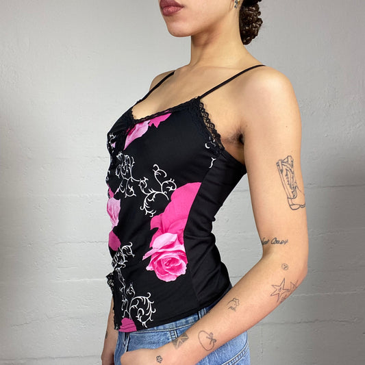 Vintage 2000's Romantic Girl Black Top with Pink Floral Print (S/M)