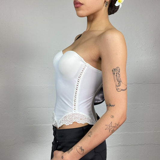 Vintage 2000's Ballet White Strapless Corset Top with Floral Lace Trim Detail (S)