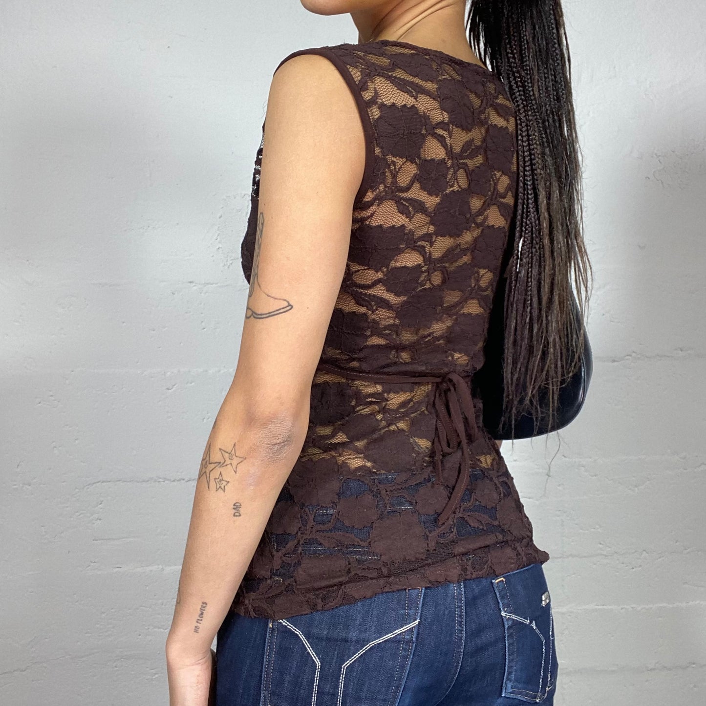 Vintage 2000's Fairy Girl Brown Mesh Lace Top with Rhinestones Print Detail (S)