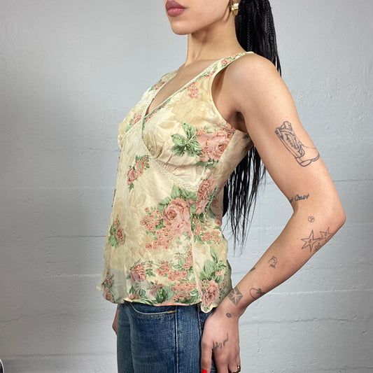 Vintage 2000's Soft Girl Pastel Yellow Blouse Top with Pink Roses Print Detail (M)