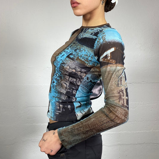 Vintage 2000's Batik Brown and Blue Longsleeve Top with Two Sides Print Part Detail (S/M)