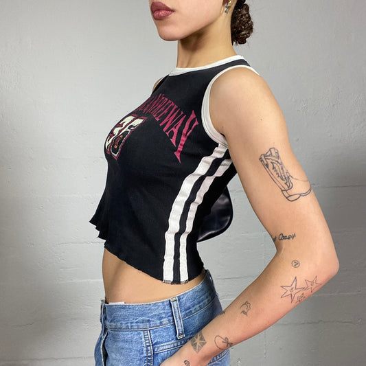 Vintage 2000's Sporty Black Top with "American Free Way" Print and White Side Trims Detail (S)