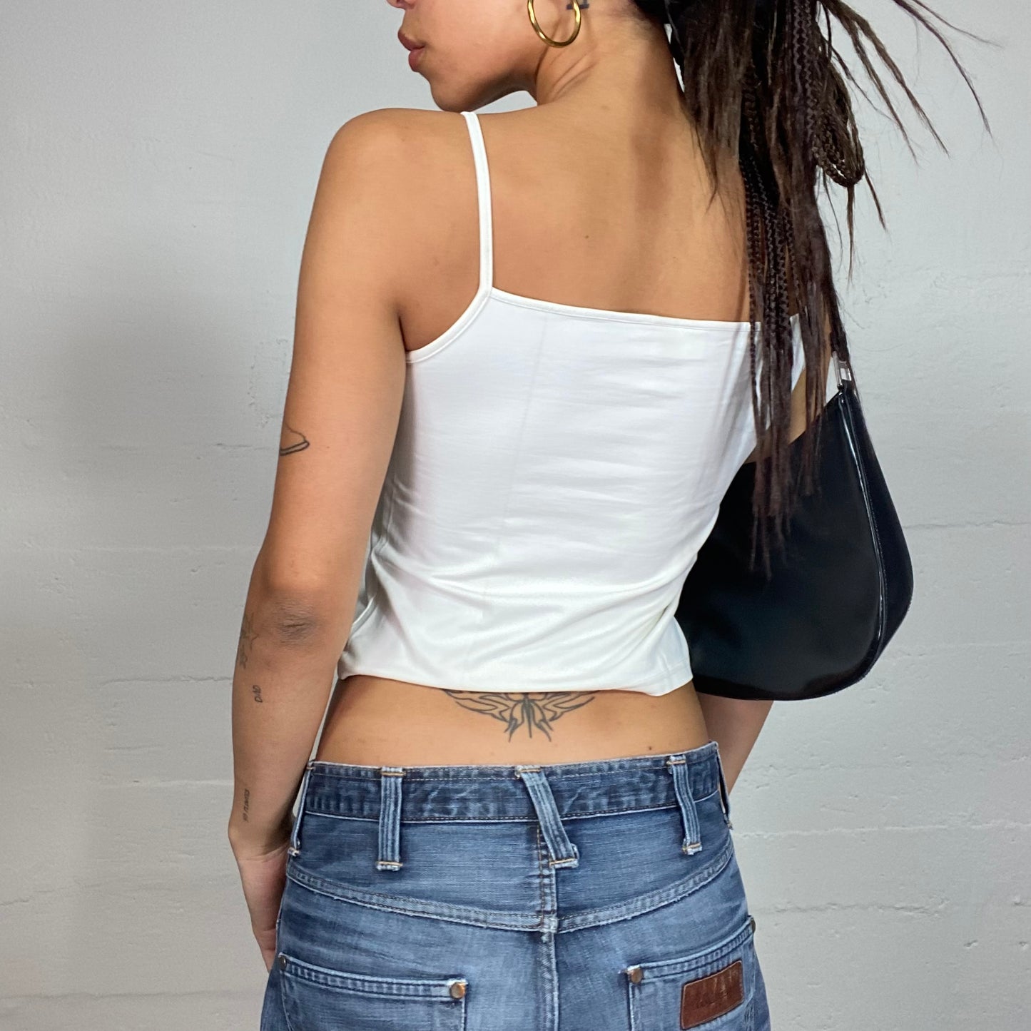Vintage 2000's Cute White Top with Ruched Chest and Crossed Straps Detail (S)