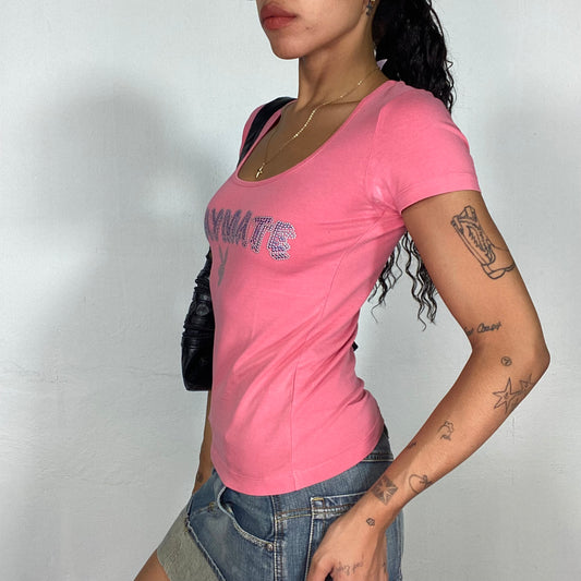 Vintage 2000's Playboy Soft Girl Pink Top with Strass "Playmate" and Logo Print (S)