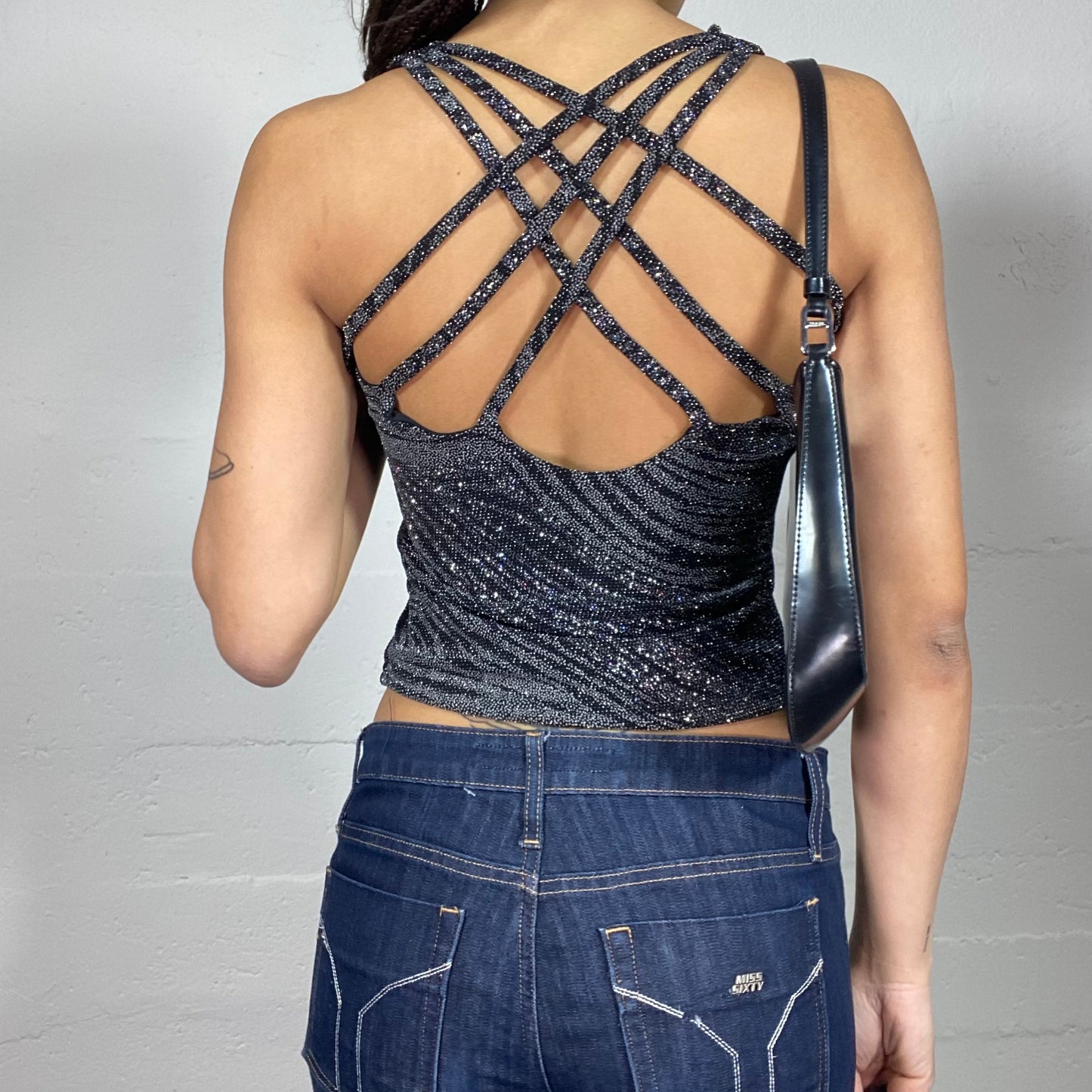 Vintage 2000's Clubwear Black Crossed Back Top with Glittery Zebra Print (S/M)