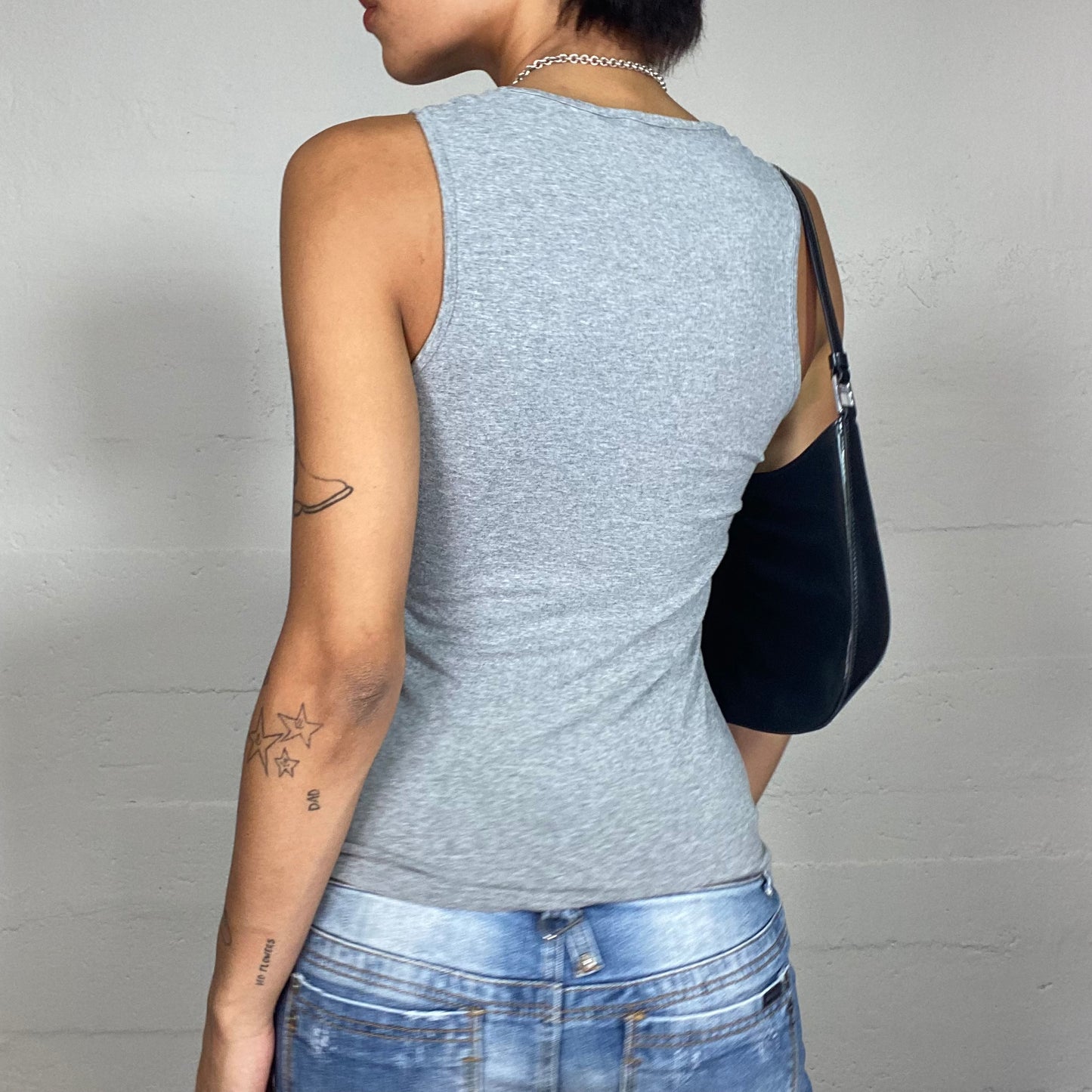 Vintage 2000's Morgan Downtown Girl Grey Top with Gothic Brand Lettering (S)