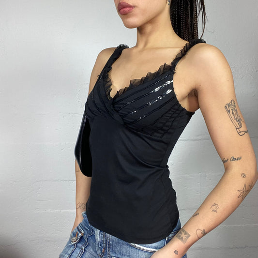 Vintage 2000's Clubwear Black Top with Sequins Chest Trims Detail (M)