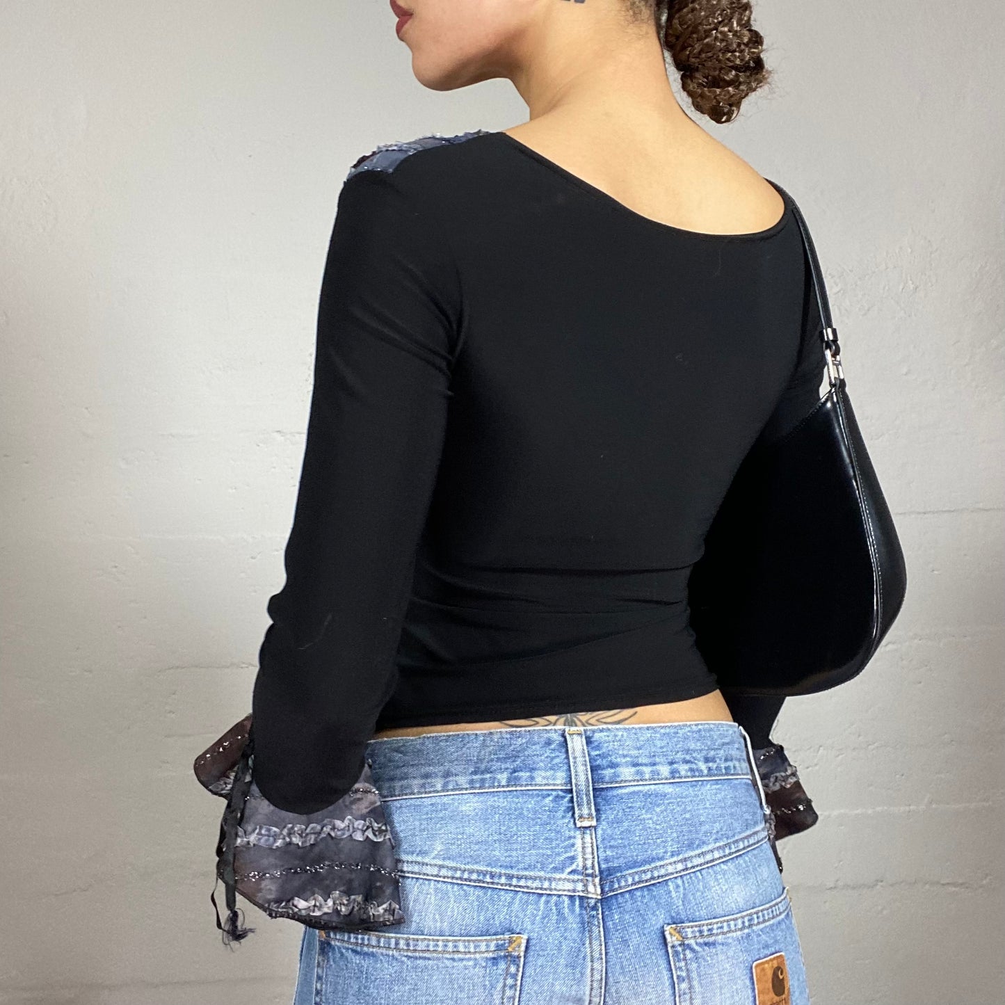 Vintage 2000's Whimsgoth Black Longsleeve Top with Blue Tie Dye Print Trim (S)