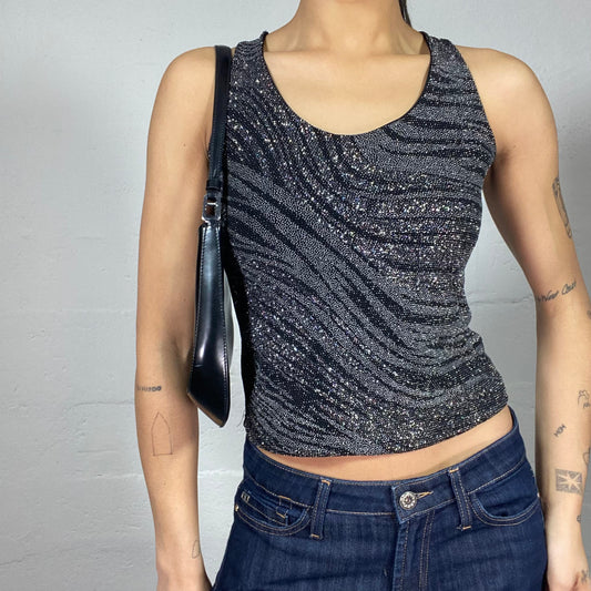 Vintage 2000's Clubwear Black Crossed Back Top with Glittery Zebra Print (S/M)