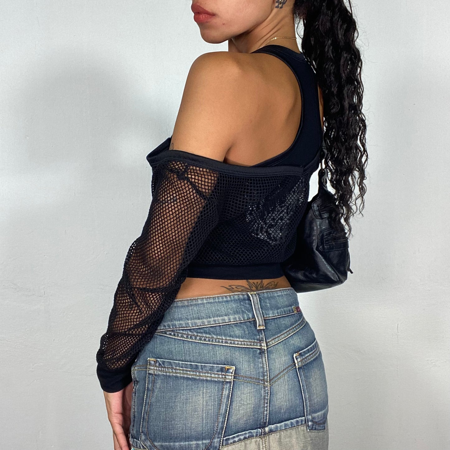 Vintage 2000's Rave Black Layered Top with Fishnet Longsleeves and Tribal Print (S)