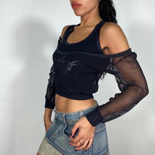 Vintage 2000's Rave Black Layered Top with Fishnet Longsleeves and Tribal Print (S)