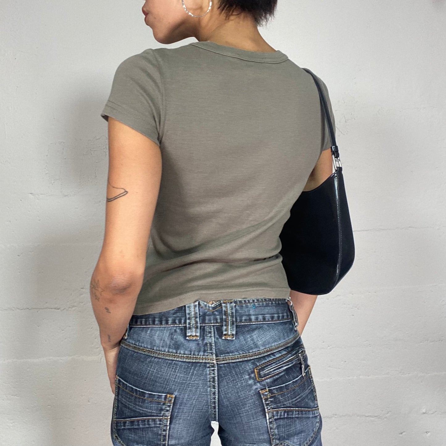 Vintage 2000's Downtown Girl Khaki Tee with White Elk Silhouette Print (S)