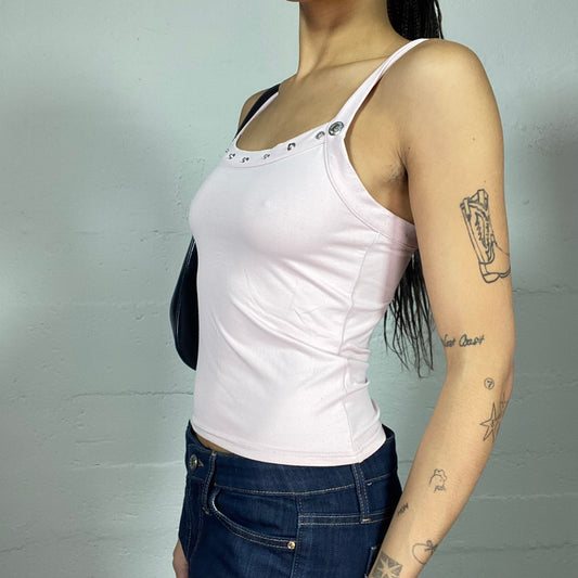 Vintage 2000's Downtown Girl Baby Pink Top with Studded Neckline Detail (M)