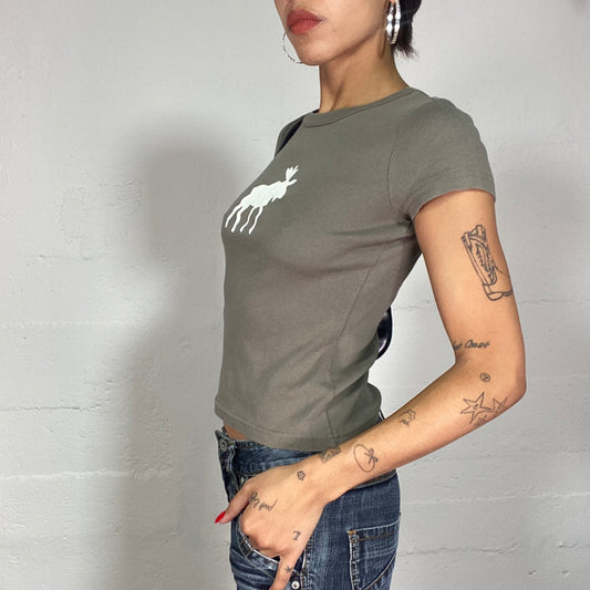 Vintage 2000's Downtown Girl Khaki Tee with White Elk Silhouette Print (S)