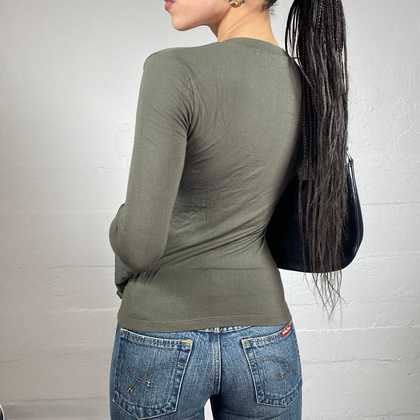 Vintage 2000's Boho Girl Khaki Longsleeve Top with Paisley Embroidery Detail (M)