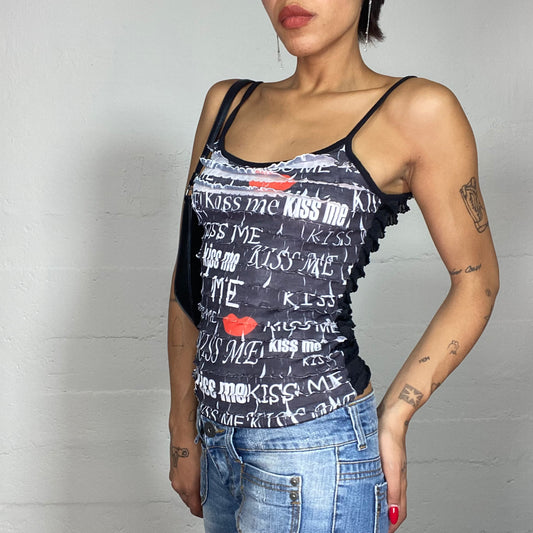 Vintage 2000's Sleaze Black Top with "Kiss Me" Red Heart Print (S)