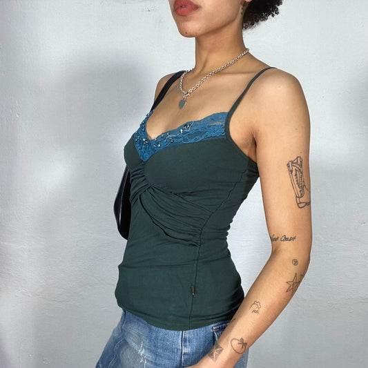 Vintage 2000's Downtown Girl Petrol Blue Cami Top with Lace Trim (S)