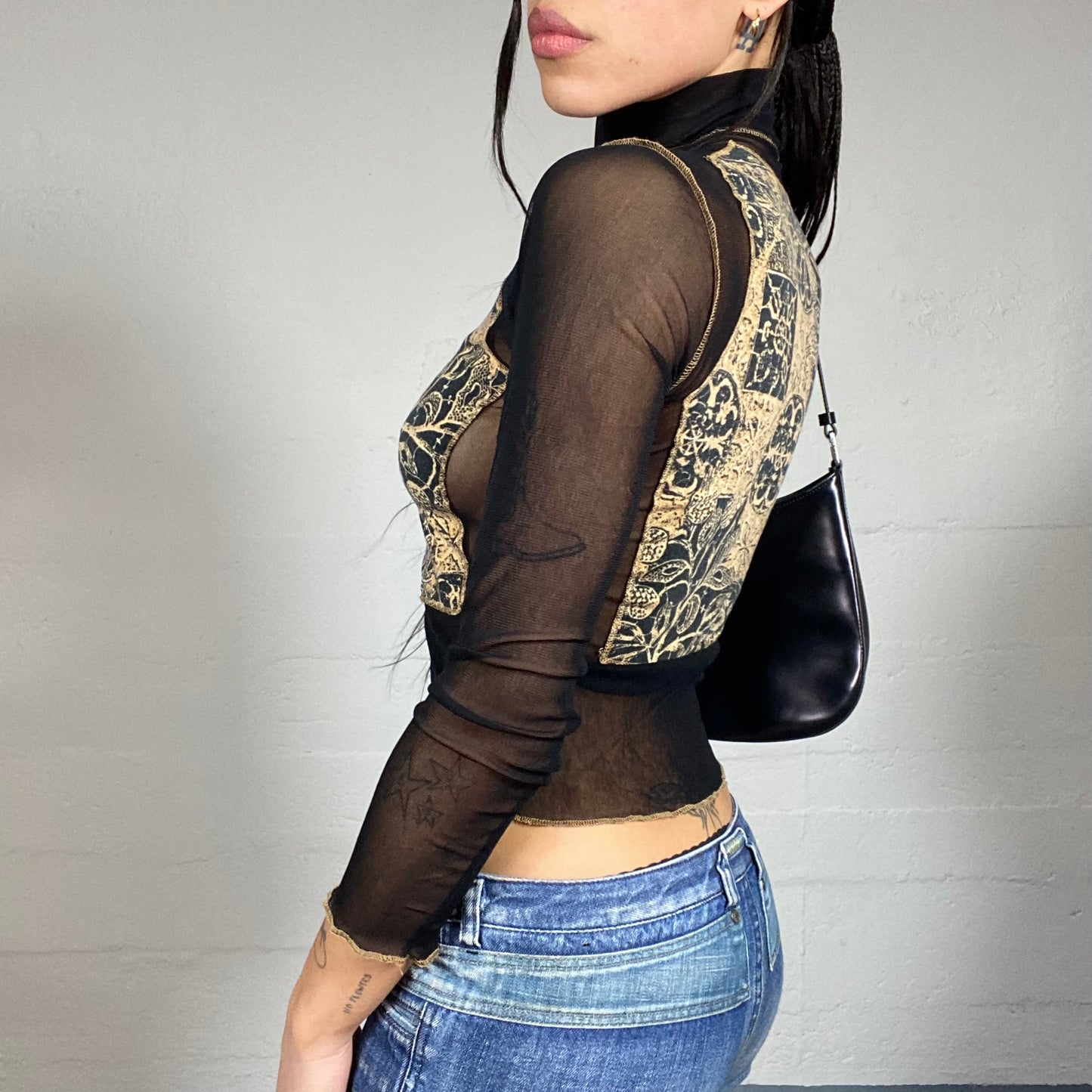 Vintage 2000's Boho Girl Black Mesh Highneck Top with Beige Ethnic Print (S)