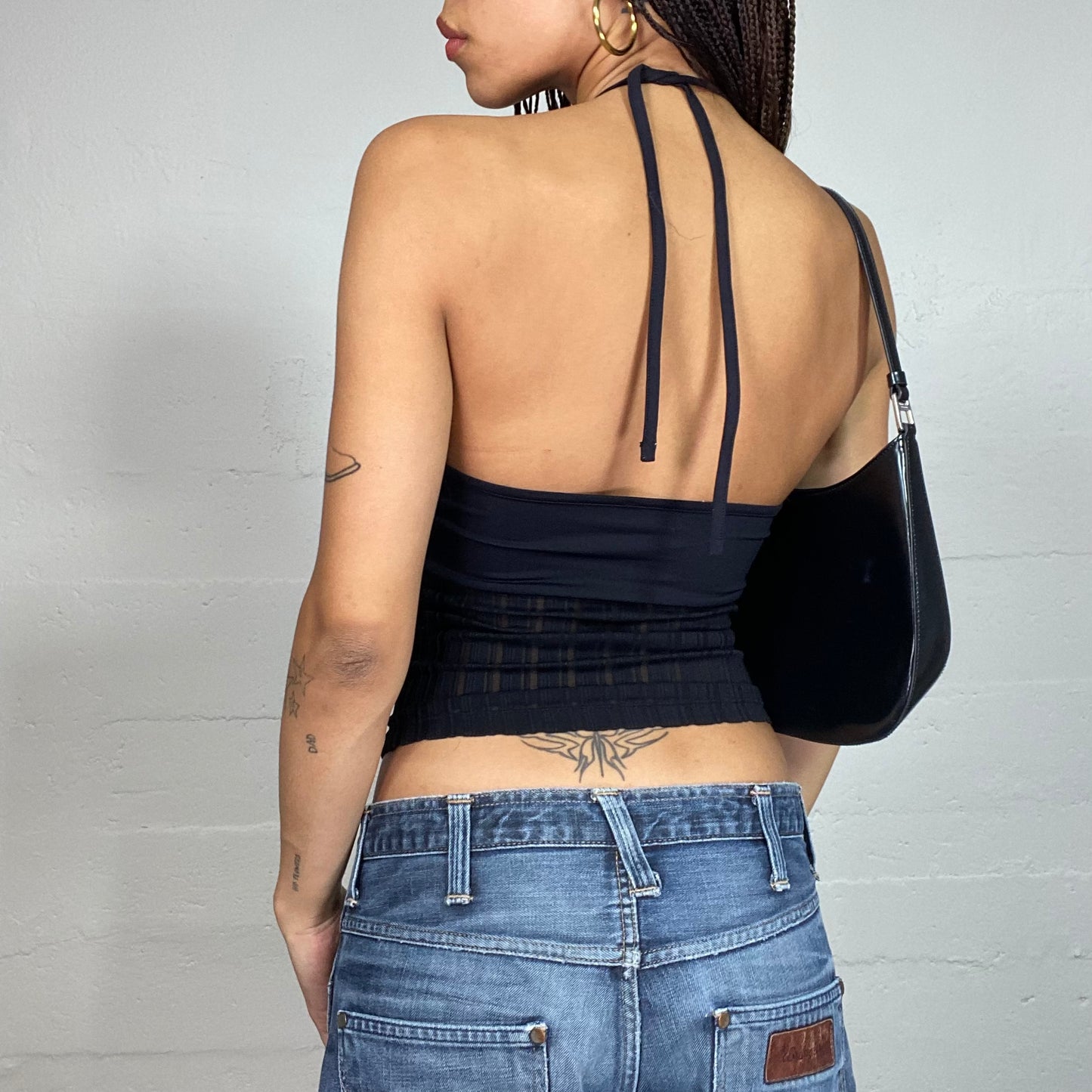 Vintage 2000's Clubwear Black Open Back Top with Mesh Pinestripes Bottom Part (S)