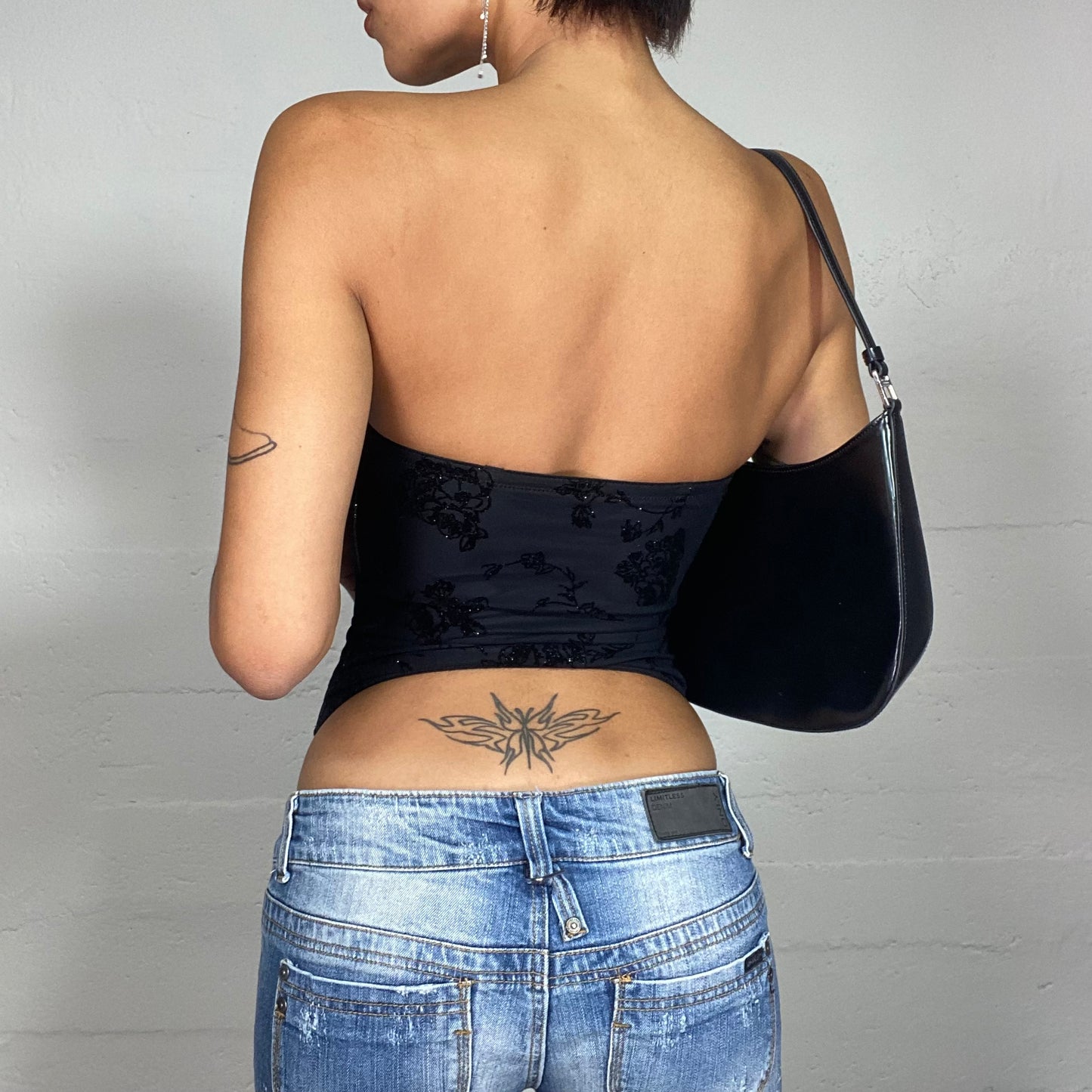 Vintage 2000's Clubwear Strapless Black Corset Top with Glitter Floral Print and Strass Zip Up Detail (S)