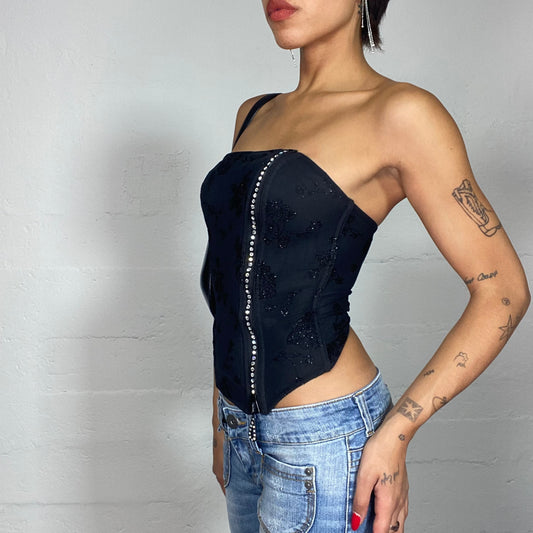 Vintage 2000's Clubwear Strapless Black Corset Top with Glitter Floral Print and Strass Zip Up Detail (S)