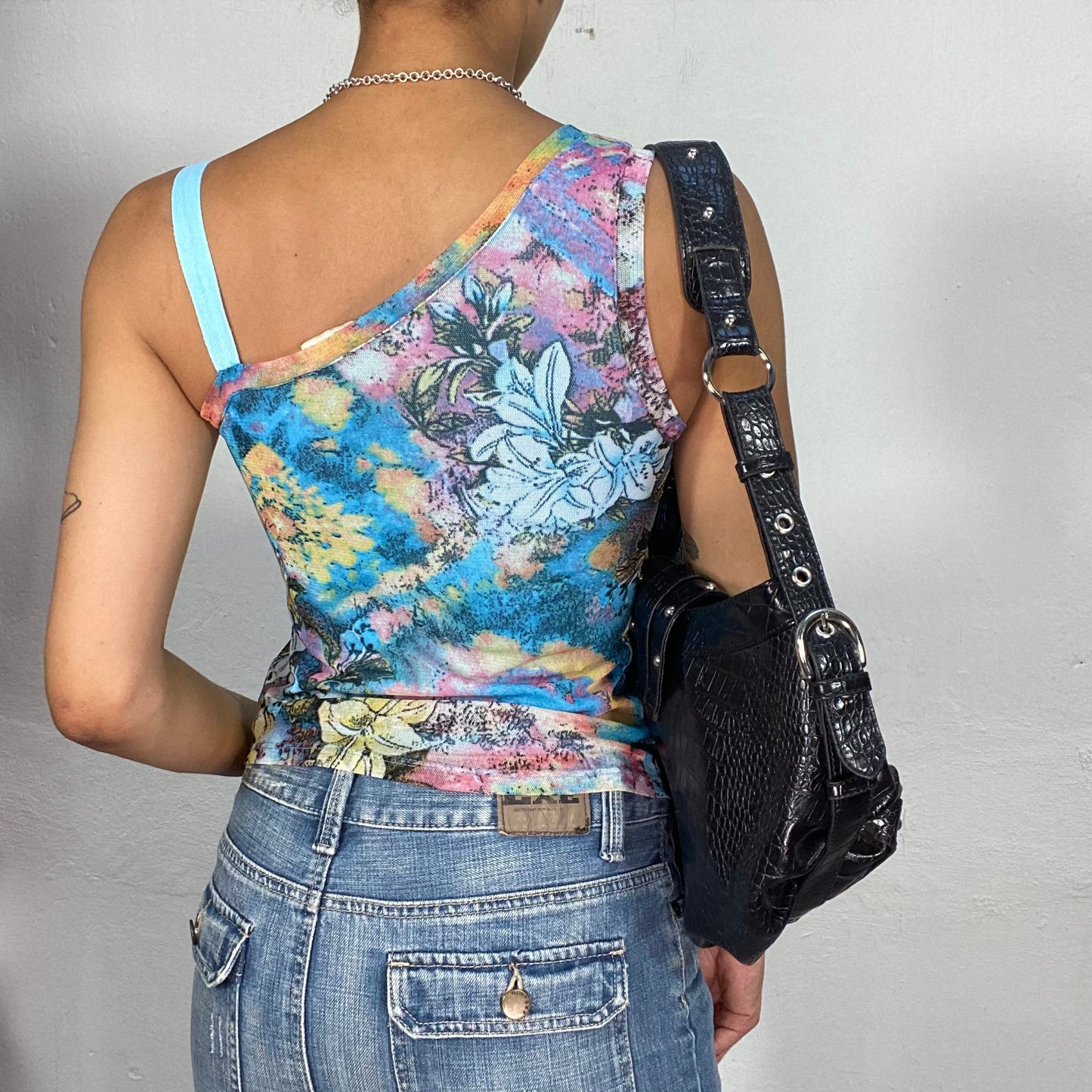 Vintage 2000's Funky Blue Pink and Yellow One Shoulder Top with Floral Print (S)