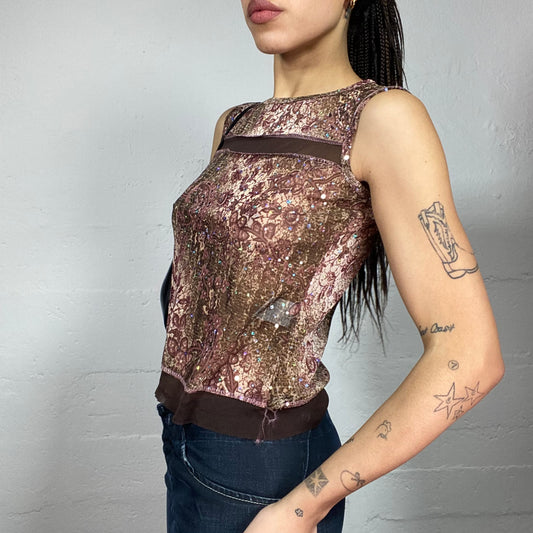Vintage 2000's Boho Brown Floral Print Top with Sequins Detail (S/M)
