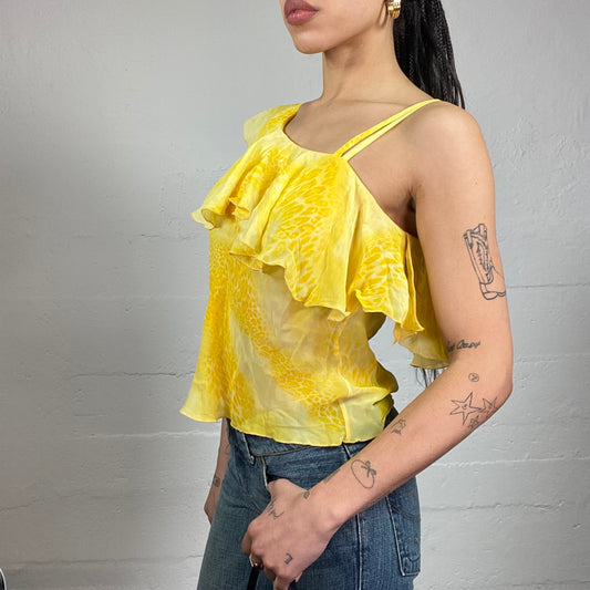 Vintage 2000's Festive Yellow Frilled Blouse Top with Cheetah Print (S/M)