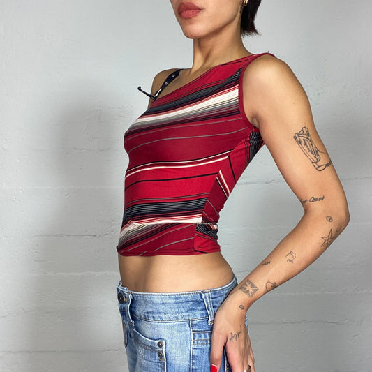 Vintage 2000's Clubwear Asymmetric Red Top with Stripes Print and Belt Strap Detail (S)