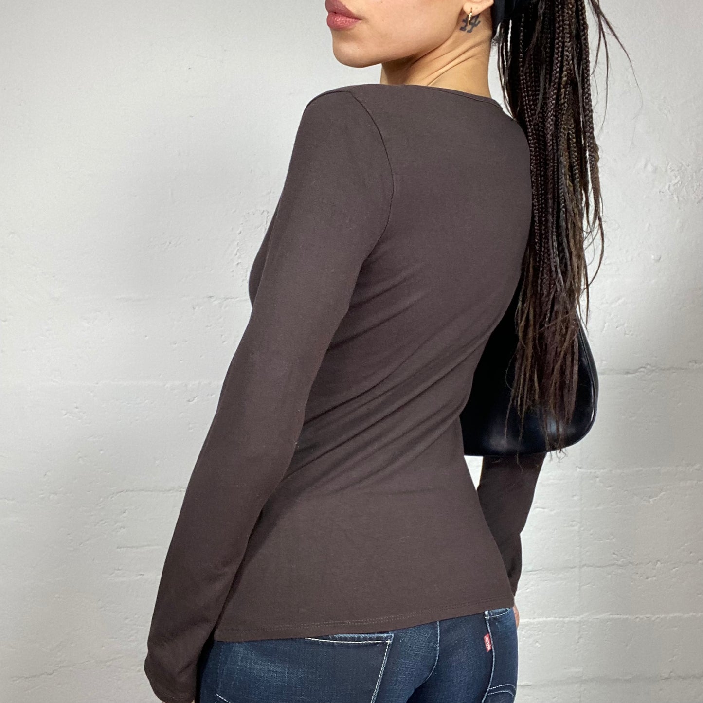Vintage 2000's Morgan Boho Brown Longsleeve Top with Lace Waist Belt (S)