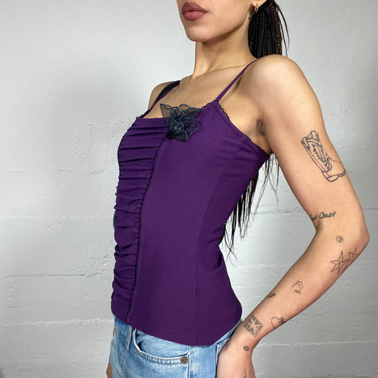 Vintage 2000's Romantic Purple Top with Black Chiffon Rosette Detail (S)